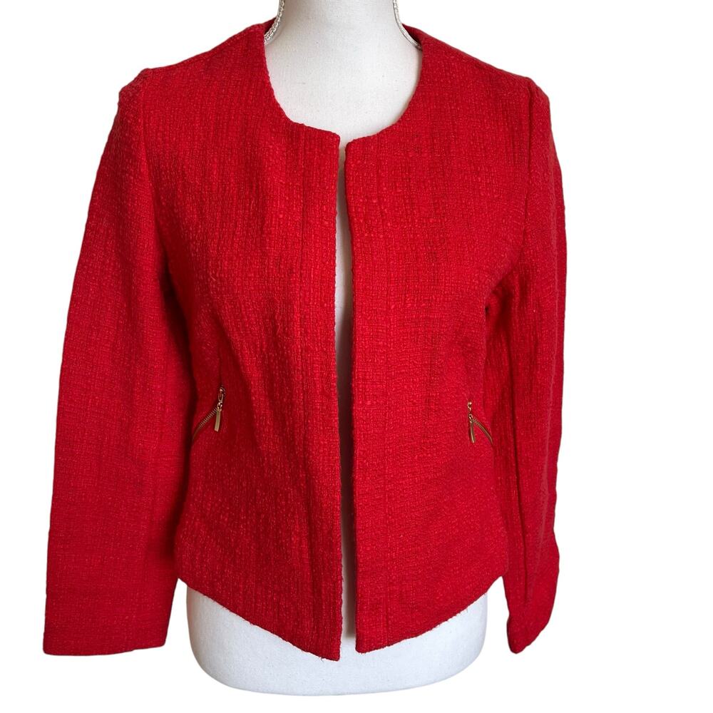 Alfani Jacket Size 4 Red NWT Zip Pockets Boucle Texture Round Collar Work Office